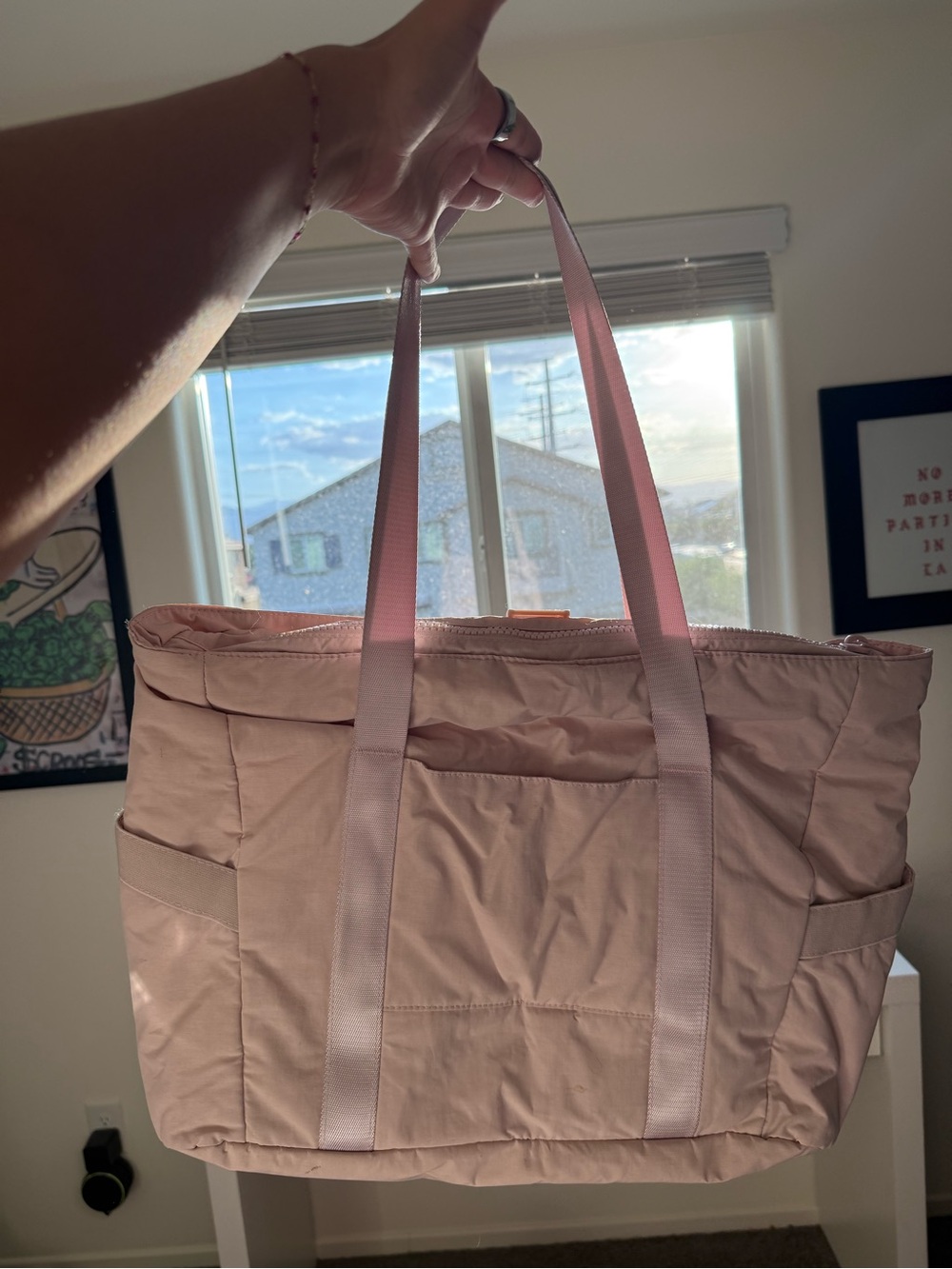 Light Pink Quilted Laptop Tote Bag with Long Straps